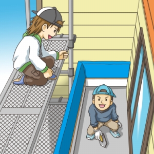 足場とベランダでやりとりする職人